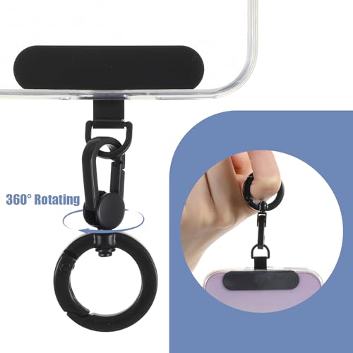 2 Pack Metal Phone Tether with Spring Ring, Universal Phone Lanyard Pad, Cellphone Holder Tab, 360° Rotatable Spring Ring Holder, Strap Replacement Patch for CellPhone (Silver & Black)