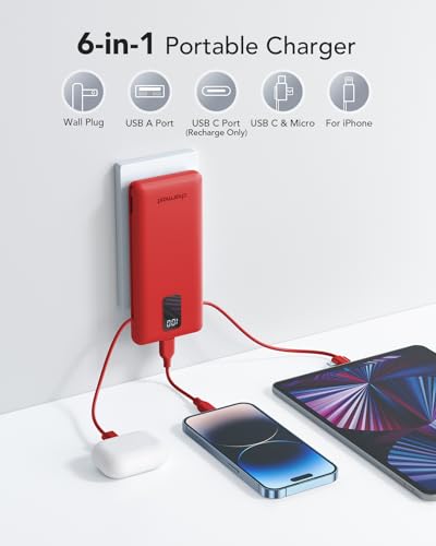 charmast Portable Charger Power Bank 10000mAh with Built-in AC Wall Plug - color: Red