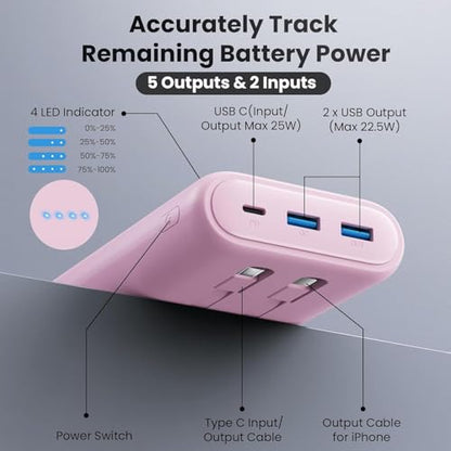 Portable Charger 40,800mAh Power Bank 25W Portable Battery Pack with 2 Built in Cables [2026 Upgraded], PD QC4.0 Fast Charging Portable Phone Charger Compatible with iPhone 17/16,Android Samsung-Pink - color: Pink