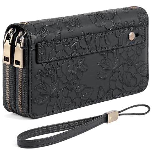 GAEKEAO RFID Leather Wristlet Wallet for Women with Grip Strap | Large capacity clutch wallet, credit card holder, wrist strap, zipper purse, travel and shopping - color: A12 Embossed Dark Black