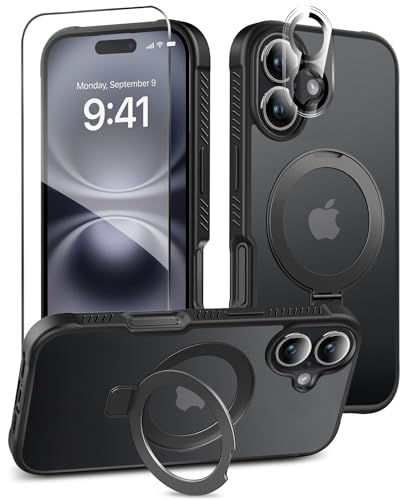 Magnetic for iPhone 16 Case Built-in Seamless Stand, Black | with Screen Protector + Camera Lens Protector, [Compatible with MagSafe] Protective Shockproof Slim Phone Case - color: Black, size: iPhone 16 6.1"