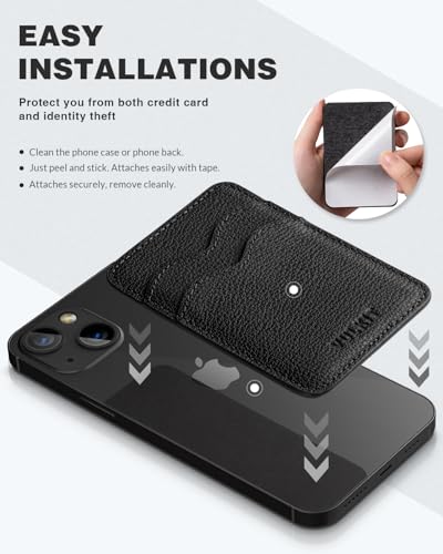 VULKIT Stick on Card Holder Compatible for iphone Leather Cell Phone Wallet Credit Card Case Strong Sticker for Women - color: Genuine Black