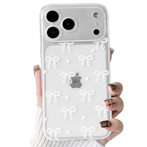 NITITOP Compatible for iPhone 17 Pro Case Clear Cute Bow Ribbon Love Heart Pattern for Women Girls Bowknot Full Camera Lens Soft TPU Slim Shockproof Protective Cover - White - color: White, size: iPhone 17 Pro