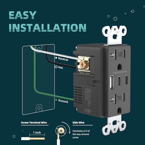TOPELER 6.0A USB Receptacle Outlet, Black Power Outlet with USB C/A, 4Pack - color: Black, size: 20A