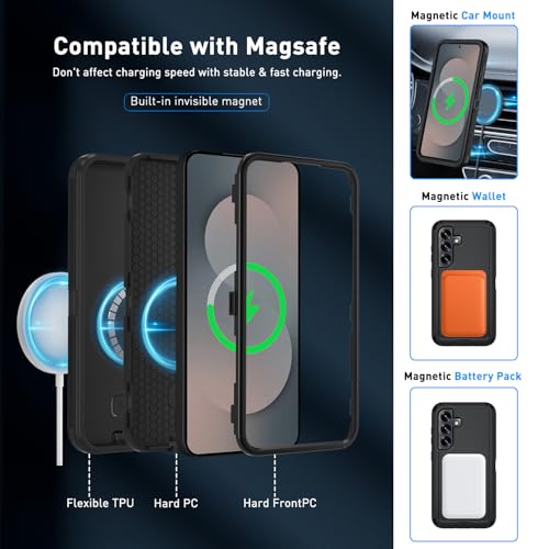 Magnetic Case for Samsung Galaxy S25 FE 5G Case, S25 FE Heavy Duty case, [Glass Screen Protector] [Military Grade Protective ] [Shockproof] [Dropproof] [Dust-Proof] (Black-Belt Clip-MAG) - color: Black-Belt Clip-MAG