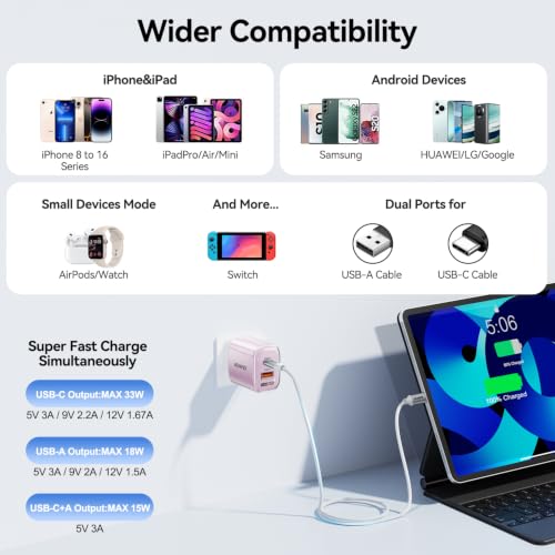 BENFEI 33W GaN USB C Fast Charger, 2-Port Two-Tone Compact Wall Charger Block, Portable Travel Charger for iPhone 17/16/15, Galaxy S25/S24/S23, Pixel 10/9/8, iPad, AirPods, MacBook, Steam Deck - color: Teal