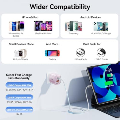 BENFEI 33W GaN USB C Fast Charger, 2-Port Two-Tone Compact Wall Charger Block, Portable Travel Charger for iPhone 17/16/15, Galaxy S25/S24/S23, Pixel 10/9/8, iPad, AirPods, MacBook, Steam Deck - color: Teal