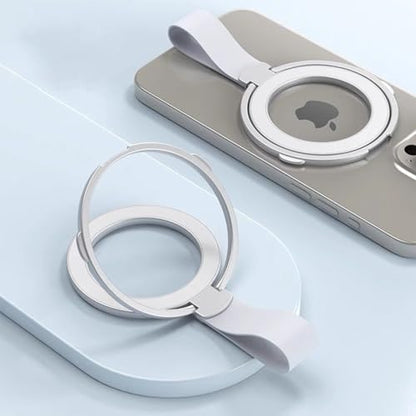 Magnetic Phone Grip with Silicone Strap, 2-in-1 Magnetic Ring Holder Stand, Compatible with Apple iPhone 16/15/14/13/12 Series, Suitable for MagSafe, Video Watching & Office Use (Silver)