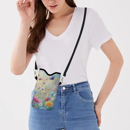 Neoprene Cell Phone Sleeve Pouch Case Bag with Crossbody Strap Neck Lanyard for Women 7.1 X 3.9 in Colorful Flowers - color: Colorful Flowers