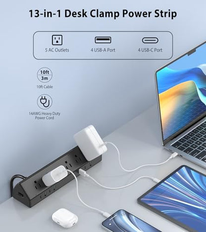 Jgstkcity Desk Clamp Power Strip USB C 45W,8 USB,10FT Cable,Black - color: Black, size: 10 FT