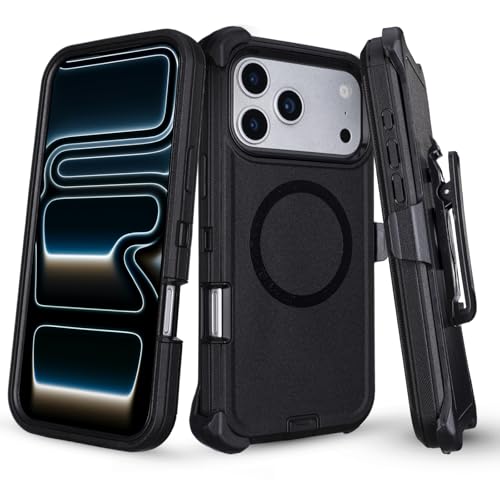 Defender for iPhone 17 Pro Max Magnetic Case with Belt Clip Holster, Black | Compatible with MagSafe, Heavy Duty Drop Protection, Rugged Durable Protective Case for iPhone 17 Pro Max with Kickstand - color: Black