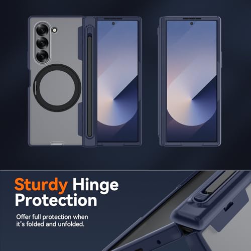 Upgraded 360° Spin Magnetic Invisible Ring Stand for Samsung Galaxy Z Fold 6 Case,[Compatible with MagSafe][S Pen Holder][Hinge Protection][Screen Protector],Shockproof Full Body Phone Cover (Blue) - color: Blue