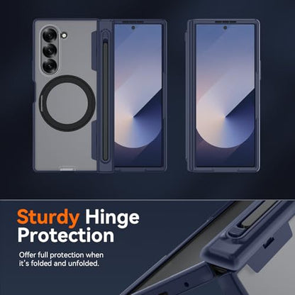 Upgraded 360° Spin Magnetic Invisible Ring Stand for Samsung Galaxy Z Fold 6 Case,[Compatible with MagSafe][S Pen Holder][Hinge Protection][Screen Protector],Shockproof Full Body Phone Cover (Blue) - color: Blue