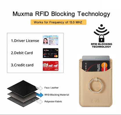 Card Holder Sleeve with Ring, RFID Credit Wallet PU Leather Stick On Back Grip for iPhone Samsung Smartphone - Gold - color: Gold