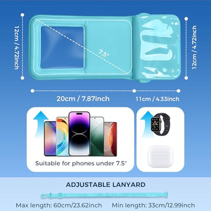 Wokyo 2 Pack IPX8 Waterproof Phone Pouch, Dual Pocket Case Fits 7.2 Inch Smartphones Blue Floating Dry Bag with Lanyard Underwater Photography Capable Cruise Travel Essential - color: Blue+Blue
