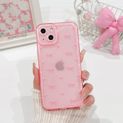 NITITOP Compatible with iPhone 13 Case Cute Clear Pink Glitter Bow Knot Design Shiny Star Sparkle Bling Diamond Girls Women Soft TPU Shockproof Protective Phone Cover - Little Bow Heart - color: Little Bow Heart, size: iPhone 13