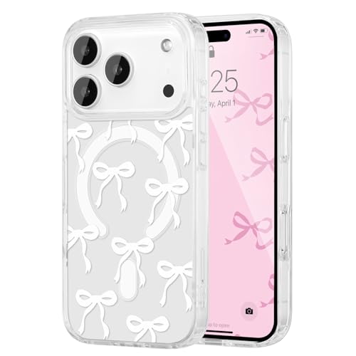 UEEBAI Magnetic for iPhone 17 Pro Max Case, Bow Case Compatible with MagSafe, Wireless Slim Clear Ribbon Aesthetic Phone Cover Anti-Yellowing Shockproof Protective Cover for Women Girl - White - color: White, size: iPhone 17 Pro Max