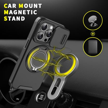 Rugged Shockproof Case for iPhone 17 Pro Max, Heavy Duty Protective Phone Case with Slide Camera Cover, 360° Rotatable Ring Stand & Magnetic Car Mount Compatible (Black,iPhone 17 Pro Max) - color: Black