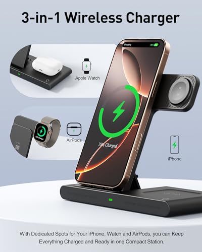 2025 Wireless Charger for iPhone Charging Station,3 in 1 Fast Max Charging for iPhone 16 15 14 13 12 Pro Max Plus,Charger Stand for Apple Watch Series & Air pods 4 3 2 Pro,Android Samsung Series