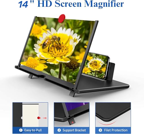 14" Screen Magnifier for Cell Phone – 3D HD Magnifing Screen Enlarger Projector for Movies Videos and Gaming – Foldable Phone Stand Holder with Screen Amplifier–Compatible with All Smartphones - color: Black-14inch