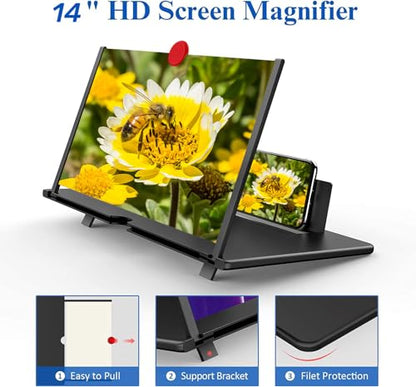 14" Screen Magnifier for Cell Phone – 3D HD Magnifing Screen Enlarger Projector for Movies Videos and Gaming – Foldable Phone Stand Holder with Screen Amplifier–Compatible with All Smartphones - color: Black-14inch