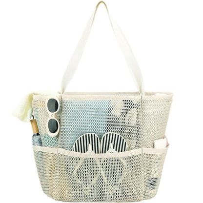 GYEUKHAM Mesh Beach Bag for Women, Sand-Resistant Pool Tote, 9 Pockets (1 Inner Zip), Foldable Family Travel Essentials - color: 6 Pockets-beige
