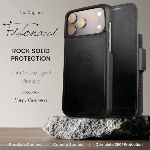 Dreem Real Leather Magnetic Detachable Wallet Case for iPhone 17 Pro | Revolutionary Vert/Hor Phone Stand, RFID Blocking Card Holder Flip Cover, MagSafe-Fit, Gift Box [Fibonacci: Black]