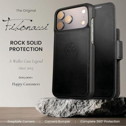 Dreem Real Leather Magnetic Detachable Wallet Case for iPhone 17 Pro | Revolutionary Vert/Hor Phone Stand, RFID Blocking Card Holder Flip Cover, MagSafe-Fit, Gift Box [Fibonacci: Black]
