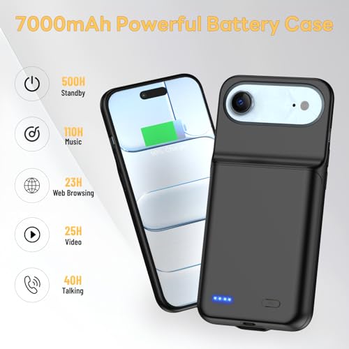 Battery Case for iPhone 17 AIR, Ultra-Slim 7000mAh Portable Extended Charging Charger Case Rechargeable Battery Pack with Tempered Glass Screen Protector for iPhone 17 AIR (6.5 inch)-Black - size: for iPhone 17 AIR