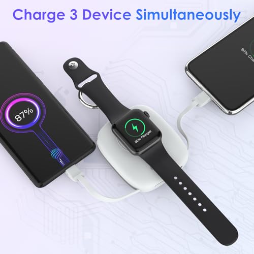 Small Portable Charger 5000mAh,iWatch Wireless Charger Mini Power Bank with Built-in Cable,Travel Keychain Charger for Apple Watch 11/10/9/8/Ultra/7/6/Se/5/4,iPhone 17/16/15/14/13/12,Android Phone - color: White