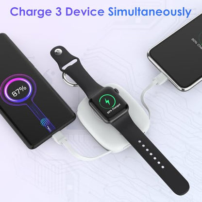 Small Portable Charger 5000mAh,iWatch Wireless Charger Mini Power Bank with Built-in Cable,Travel Keychain Charger for Apple Watch 11/10/9/8/Ultra/7/6/Se/5/4,iPhone 17/16/15/14/13/12,Android Phone - color: White