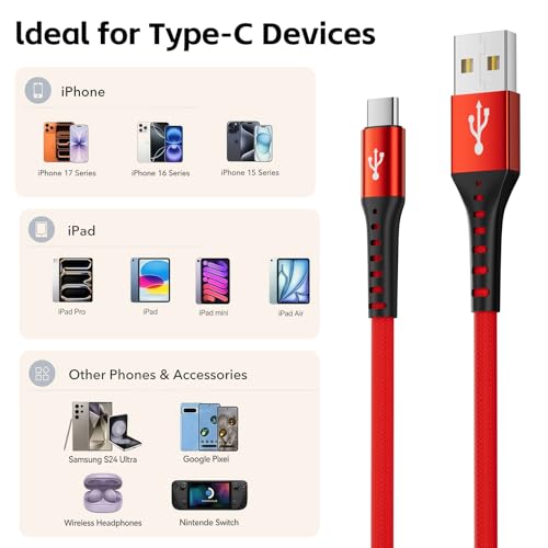 MJXIANG Long Multi USB C Cable 7.2FT, QC 3.0 (3A) Fast Charging Cord 4 in 1 - color: 7.2FT/1Pack(Red)