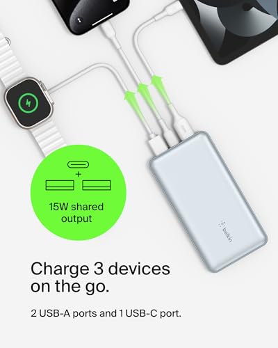 Belkin 10000mAh 15W 3 Port Power Bank, USB A to USB C Cable Included | Fast Charging, iPhone 17, Samsung Galaxy, Pixel, Airpods, iPad, Nintendo Switch 2, Battery Pack, USB C Port, USB A Port - color: Pearl Blue