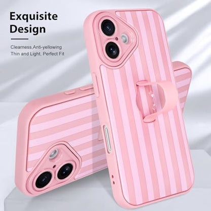 KANGHAR Compatible with iPhone 16 Case Stripes -Pink | Silicone Cute Pattern, Wristband Kickstand Camera Protection Soft Slim Cover for Girls Women - color: Pink-Stripes, size: iPhone 16