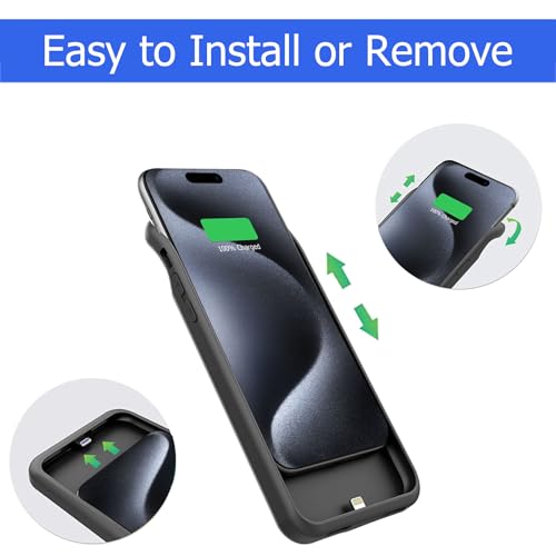 Battery Case for iPhone 15 Pro, [10000mAh] Enhanced Portable Protective Smart Qi Wireless Charger Case Battery Pack with CarPlay Wireless Charging Case Compatible for iPhone 15 Pro (6.1 inch)-Black - size: iPhone 15 Pro
