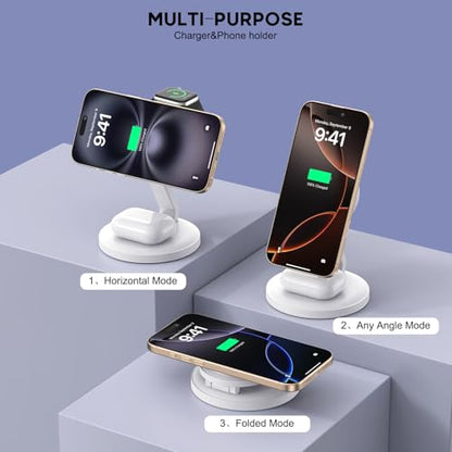 3 in 1 Foldable Magnetic Wireless Charging Station,iPhone Mag-Safe Charger - color: White, size: 2Pack