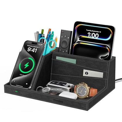 Wireless Charger with Desk Organizer, Fast Charging Station - color: Black-PU leather