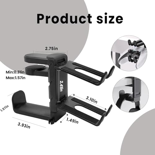 Rotating Headphone Stand with 360° Swivel - Adjustable Clamp-on Under Desk Headset Holder, Universal Gaming & Office Headphone Hanger - color: Black