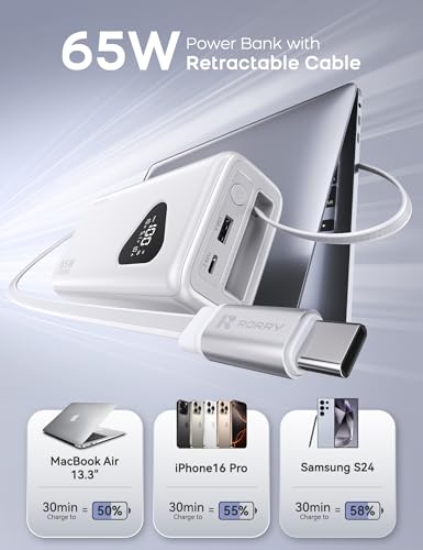 RORRY Laptop Power Bank, 25000mAh 65W Portable Charger Retractable Cables - color: White