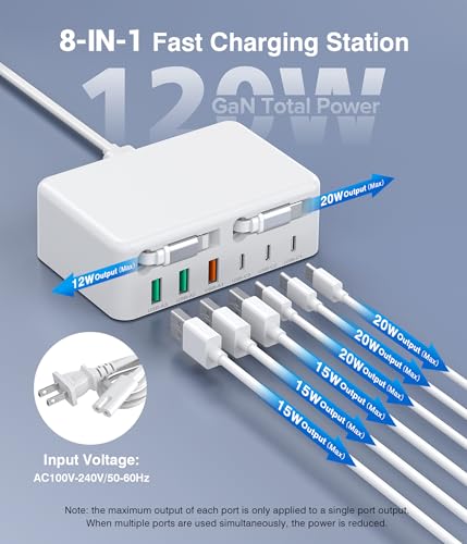 8-in-1 Retractable USB C Charger Charging Station Hub for Multiple Devices - color: White