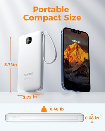 TESSAN Portable Charger with Built in Cables, 10000mAh Power Bank Wall Plug - color: White