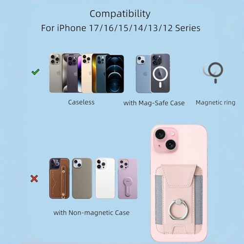 Magnetic Card Wallet Holder For Magsafe Wallets with Grip, 7 Cards Holder RFID Blocking, Ring Stand Stick on Wallet, Leather Magnetic Phone Wallet with Privacy Flap - color: pink elastic circular support
