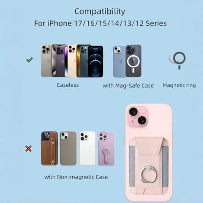 Magnetic Card Wallet Holder For Magsafe Wallets with Grip, 7 Cards Holder RFID Blocking, Ring Stand Stick on Wallet, Leather Magnetic Phone Wallet with Privacy Flap - color: pink elastic circular support