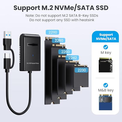 M.2 NVMe SATA SSD Enclosure, USB 3.2 Gen 2 10Gbps M.2 NVMe Reader External SSD Adapter Support M Key B+M Key 2230 2242 2260 2280 22110 SSD