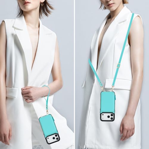 Bocasal Multi-Slot Crossbody Wallet Case for iPhone 17 Pro Max, Mint Green | RFID Blocking PU Leather Purse Case with Card Holder, Handbag Flip Cover with Zipper Wrist Strap Lanyard for Women 6.9 Inch - color: Green