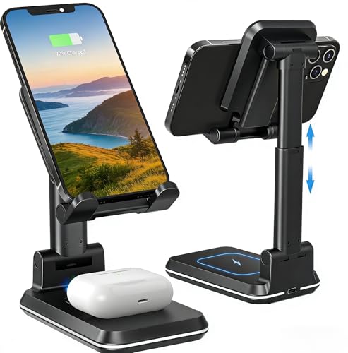 Wireless Charger, 2 in 1 Wireless Charging Station, Phone Charger Stand Phone Holder for Desk Compatible with iPhone 17 16 15 14 13 12 Pro Max Plus, Airpods 4 3 2 Pro, Samsung S25 S24 S23 Note 20