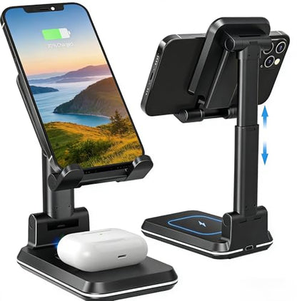 Wireless Charger, 2 in 1 Wireless Charging Station, Phone Charger Stand Phone Holder for Desk Compatible with iPhone 17 16 15 14 13 12 Pro Max Plus, Airpods 4 3 2 Pro, Samsung S25 S24 S23 Note 20