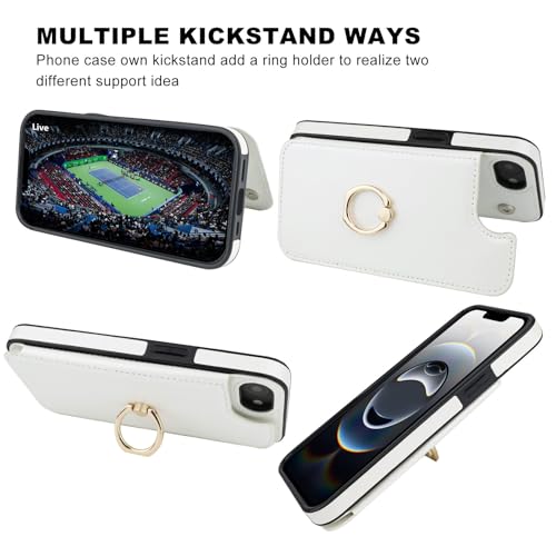 ONETOP for iPhone 17e/16e Wallet Case with Credit Card Holder,White | 360° Rotation Ring Kickstand,Finger Grip,Double Magnetic Clasp,RFID Blocking PU Leather Shockproof Cover for Women Men - color: White