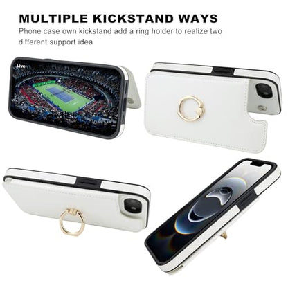 ONETOP for iPhone 17e/16e Wallet Case with Credit Card Holder,White | 360° Rotation Ring Kickstand,Finger Grip,Double Magnetic Clasp,RFID Blocking PU Leather Shockproof Cover for Women Men - color: White
