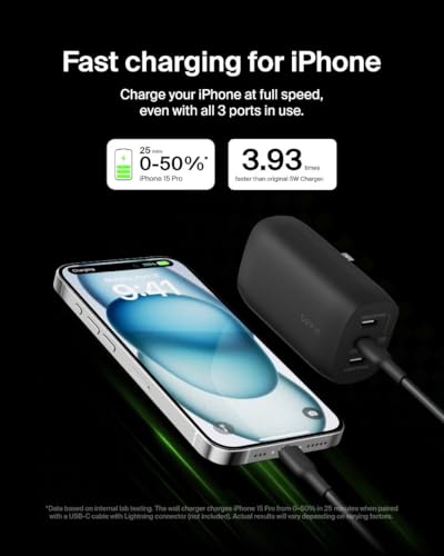 Belkin 67W 3 Port USB C Charger Block, PPS Fast Charging for MacBook - style: Black